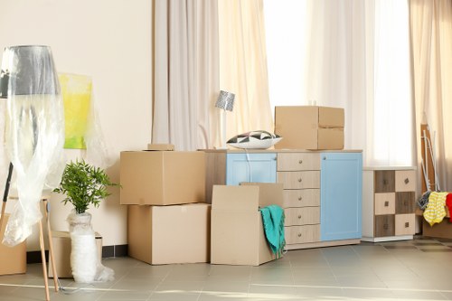 Packed moving boxes ready for storage in Aldwych